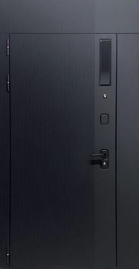 Входная дверь с неподвижными расширениями и панелями МДФ черного цвета